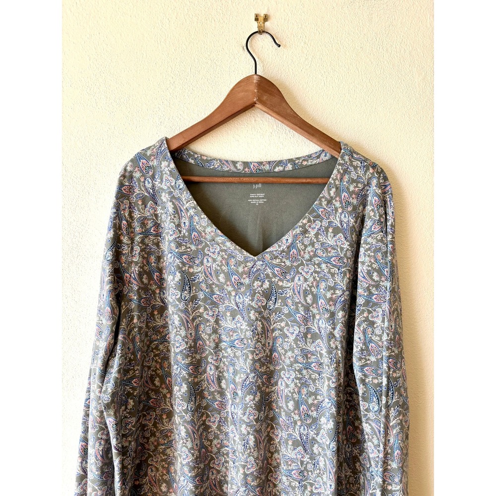J. Jill Simply Supima Side-Split Tunic 2X Sage Green Paisley V-Neck Cotton Top - Picture 10 of 11